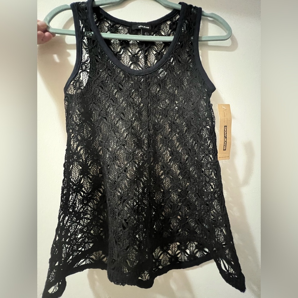 DKNY Black Asymmetrical Cut Out Tank Top